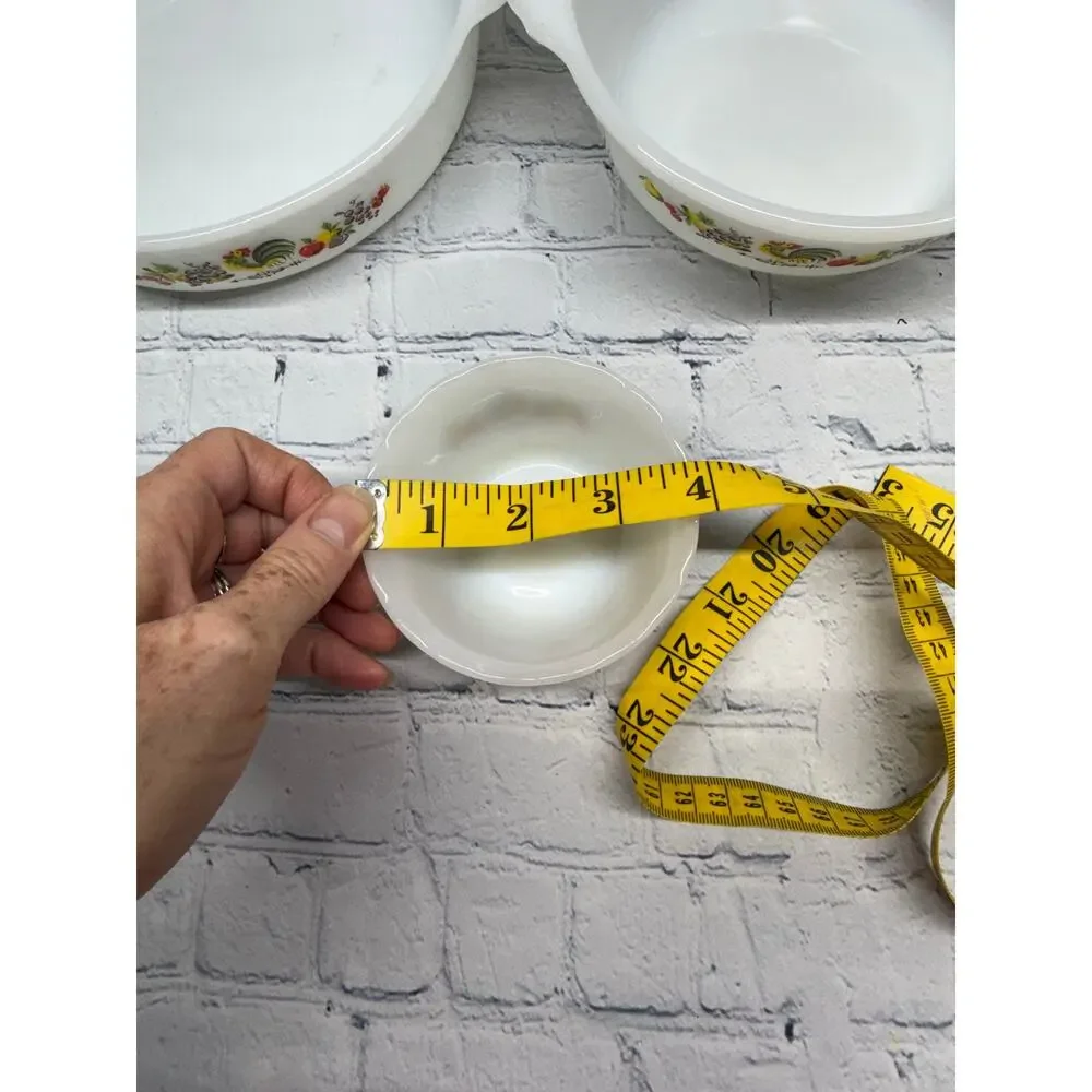 Fire‑King Milk Glass Bowl and Baking Dish Set – Rooster & Fruit Pattern Vintage